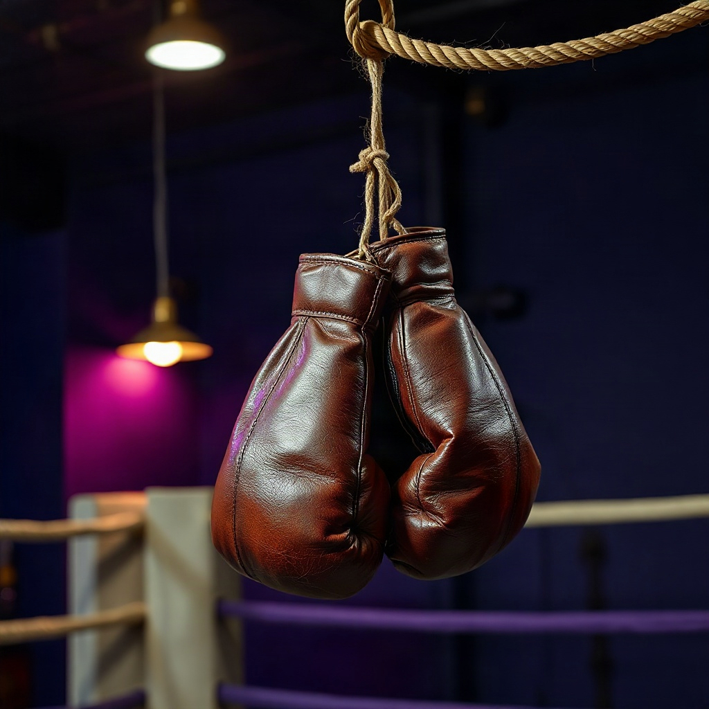 Worn gloves on a hook in a violet gym.